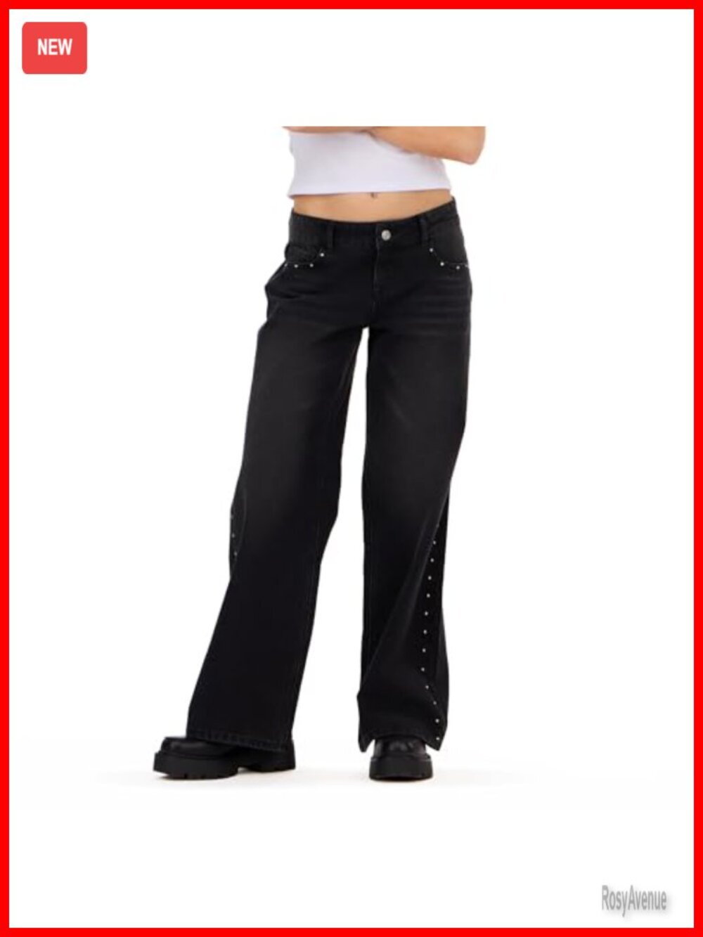Low Rise Wide Leg Denim Pants with Stud Detail Accents